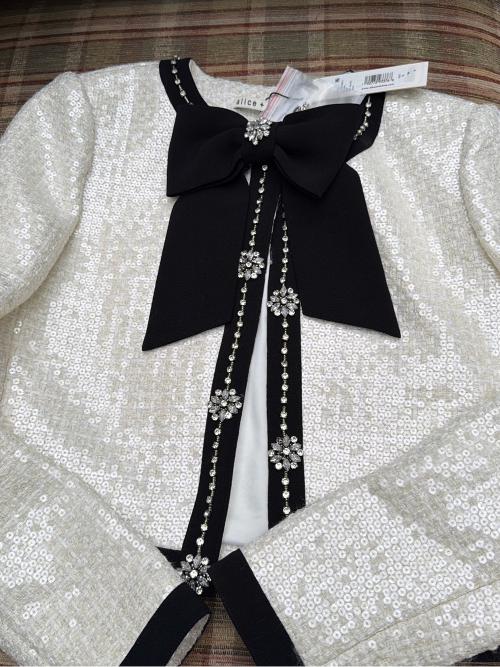 Alice + Olivia Ivory Sequin Dress with Black Bow and Crystal Trim